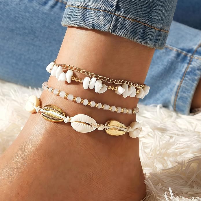 Shell Ankle Bracelet Set for Women, Gold Plated Boho Bead Adjustable Anklet, Hawaiian Beach Seashell Pearl Heart Starfish Conch Foot Jewelry Gifts