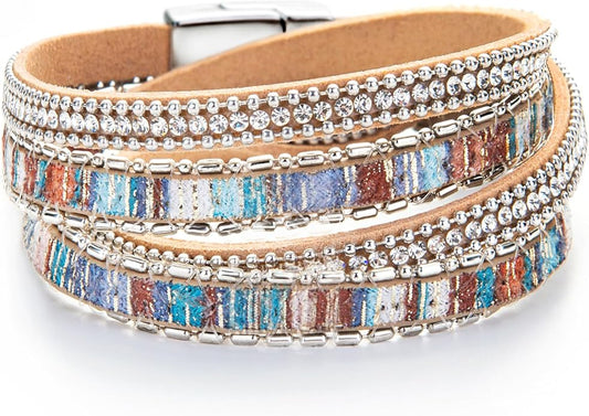 Fesciory Leather Wrap Bracelets for Women, Boho Leopard Multi-Layer Crystal Beads Cuff Bracelet Jewelry