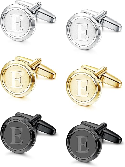LOLIAS 3 Pairs Initial Cufflinks For Men Classic Mens CuffLinks Set Letter Cuff Links for Casual to Formal with Gift Box Silver Black 14K gold plated Cufflinks for Father Husband