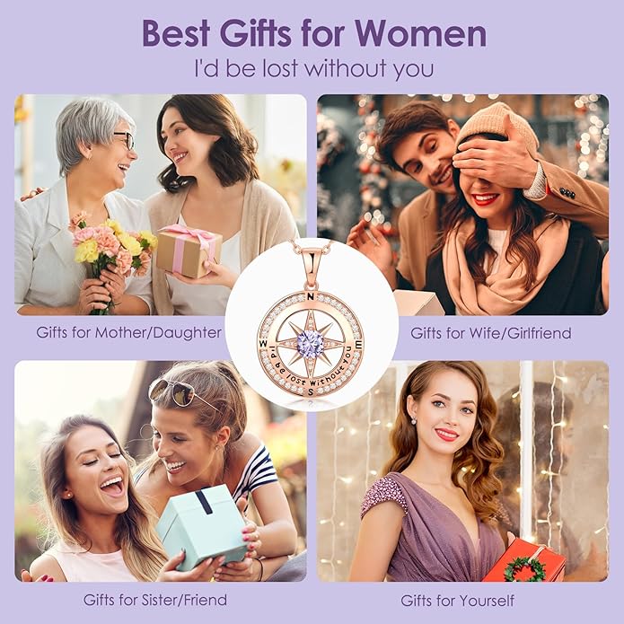 Zifeel Compass Necklace Gifts for Women wife - S925 Sterling Silver Birthstone Necklaces for Women - Anniversary Birthday Gifts for Her Wife Girlfriend - Valentines Mom Mothers Day Christmas Gifts Jewelry for Women