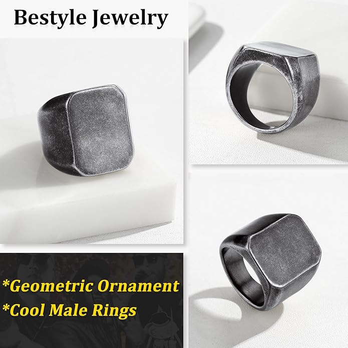 Bestyle Stainless Steel Signet Ring for Men Women in Gold/Black/Silver/Vintage Gray Tone, Chunky Thick Heavy Dome Band Ring Cool Finger Ring, Gift for Dad Husband, Size 7-14 Customizable