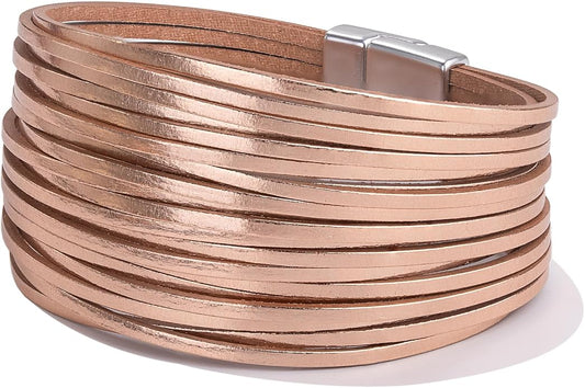 FANCY SHINY Boho Leather Wrap Bracelet Stackable Layered Bangle Cuff with Magnetic Clasp
