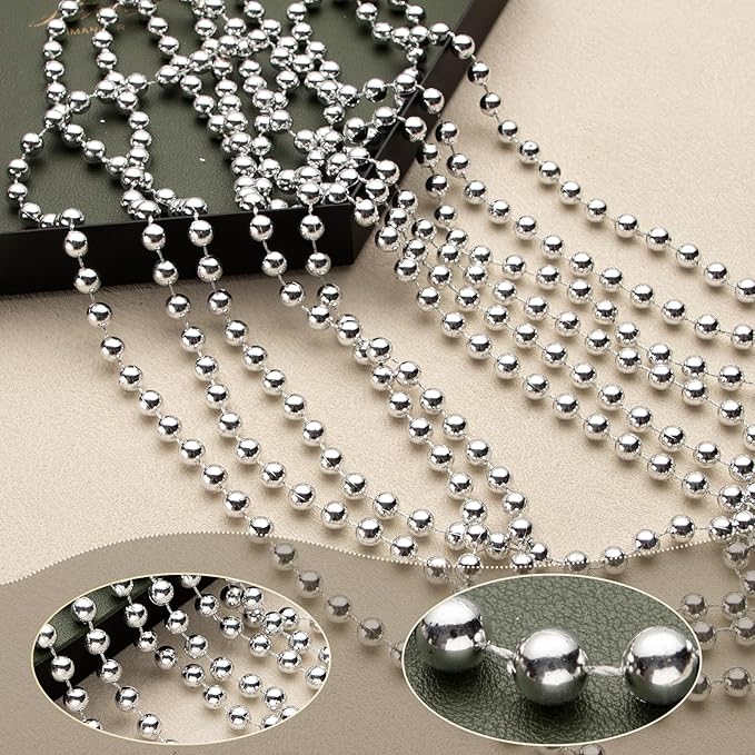 8mm Pearl Garland, 33 Feet Faux Pearl Garland Spool Roll for Wedding Centerpiece Backdrop Christmas Tree and Flowers Decoration DIY Craft （Silver）