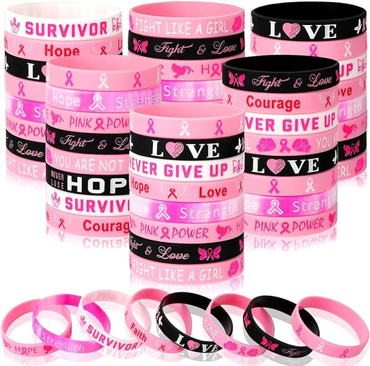 JUNEBRUSHS 64pcs Breast Cancer Awareness Silicone Bracelets Hope Faith Strength Courage Accessories Wristbands for Women Breast Cancer Awareness Gifts Party Supplies Favors (8 Designs)