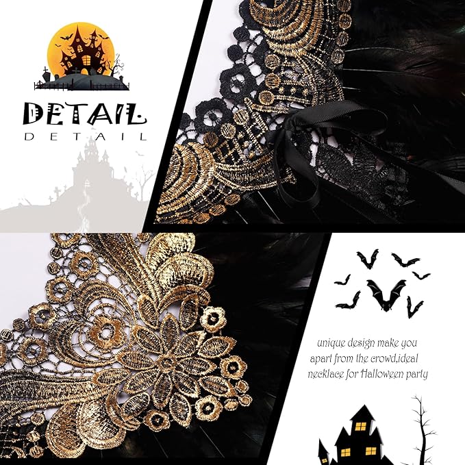 L'VOW Real Black Feather Harness Lace Collar Necklace Bib Halloween