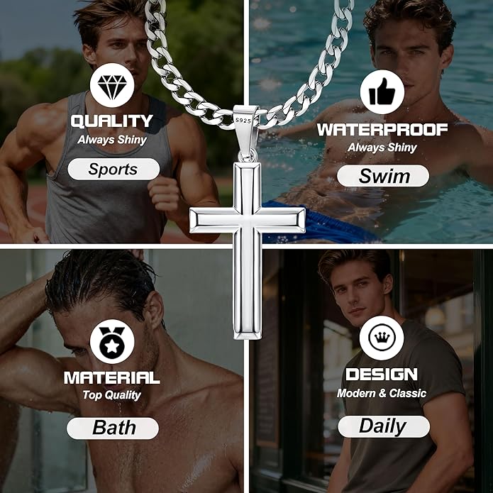MILACOLATO 925 Sterling Silver Cross Necklace Men - Beveled Edge Cross Pendant with 5mm 316L Stainless Steel Cuban Link Curb Chain Crucifix Necklaces Silver Jewelry for Men Women, 18-30'' Christian Baptism Gift