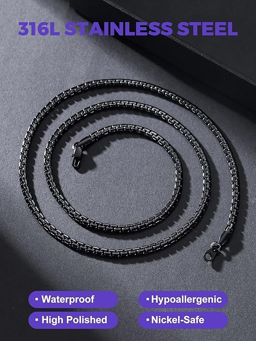 Richsteel Stainless Steel Mens Flat Link Chain Necklace, Black/Gold/Steel Chain for men, 2mm/4mm/6mm Width, No Tarnish & Hypoallergenic Hip Hop Jewelry, 18"-30" Length