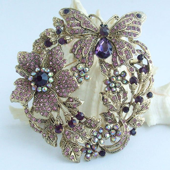 Art Style 3.54" Butterfly Flower Brooch Pin Pendant Rhinestone Crystal BZ4489
