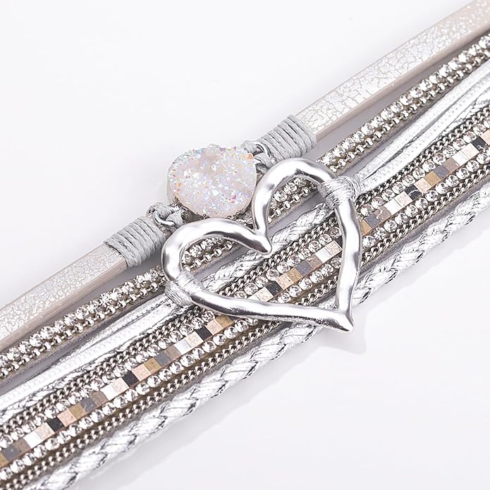 FANCY SHINY Heart Leather Wrap Bracelets Stackable Boho Cuff Bangles Trendy Resin Stone Rhinestone Bracelets with Magnetic Clasp for Women