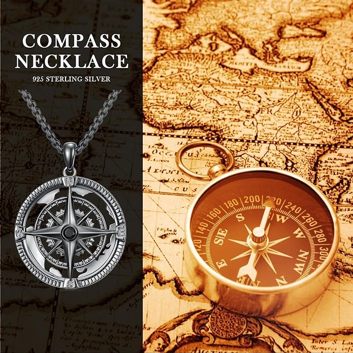 Go in the Direction of Your Dream Compass Necklace for Men 925 Sterling Silver Nautical Jewelry Inspiration Friendship Graduation Retirement Farewell Goodbye Gifts for Him (Adjustable Chain 22"+2")