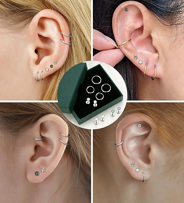 MJust Titanium Earrings for Sensitive Ears 20G Hypoallergenic Stud Hoop Earrings for Women Men Opal Ball CZ Heart Pearl Flat Back Earrings Cartilage Earrings Set