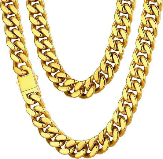 ChainsHouse Stainless Steel Mens Cuban Link Chain, Black/ 18K Gold Plated Miami Cuban Chain Necklace, 5mm/7mm/9mm/12mm/14mm Width, No Tarnish& Durable Hip Hop Mens Jewelry, 18"-30", Send Gift Box