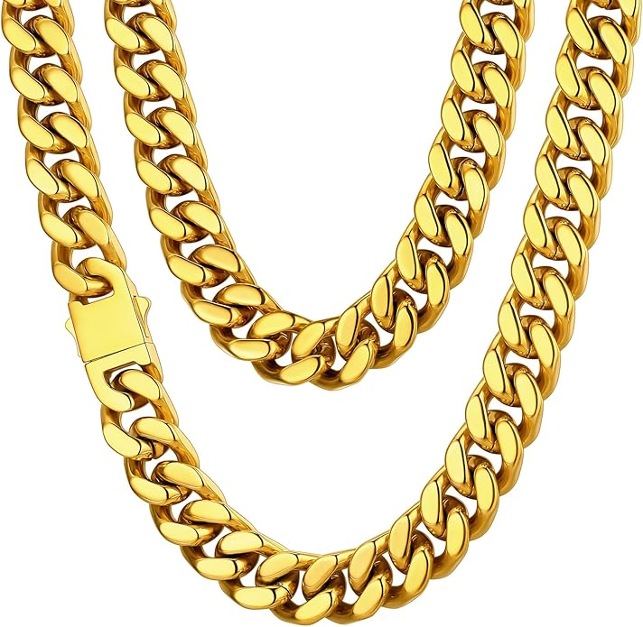 ChainsHouse Stainless Steel Mens Cuban Link Chain, Black/ 18K Gold Plated Miami Cuban Chain Necklace, 5mm/7mm/9mm/12mm/14mm Width, No Tarnish& Durable Hip Hop Mens Jewelry, 18"-30", Send Gift Box