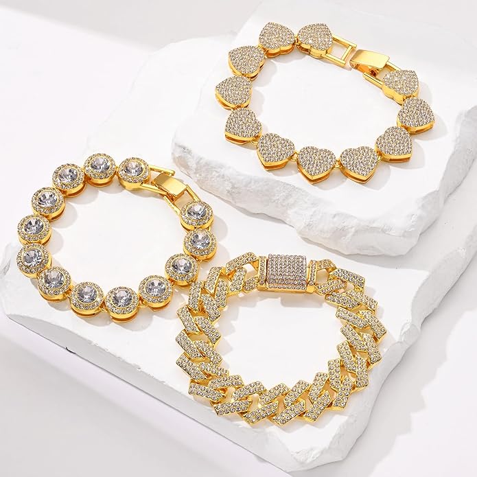 4-PCS Cuban Link Bracelets for Women,Diamond Tennis Bracelet Set,14K Gold Plated Layered Stackable Jewelry, Adjustable Bling Gift Set for Women