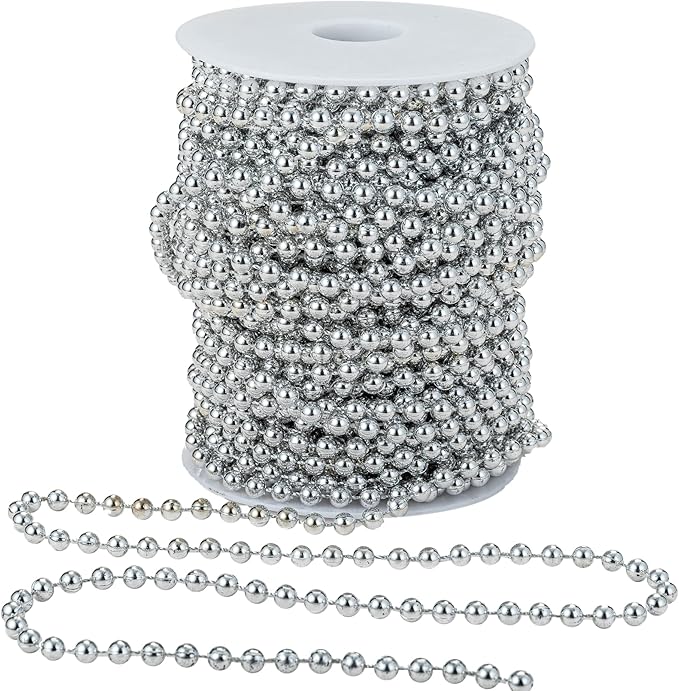 YoungJewl 6mm Crafts Faux Pearl Beads Garland Pearl Bead Roll Strand of Pearls to Decorate Floral Centerpieces Wedding Party Favor Christmas Tree(82Feet Silver)