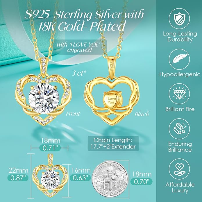 OOBEE Moissanite Heart Necklace for Women 925 Sterling Silver Fine Jewelry Twist Pendant, Valentine Anniversary Birthday Gift for Wife, Mom, Girlfriend