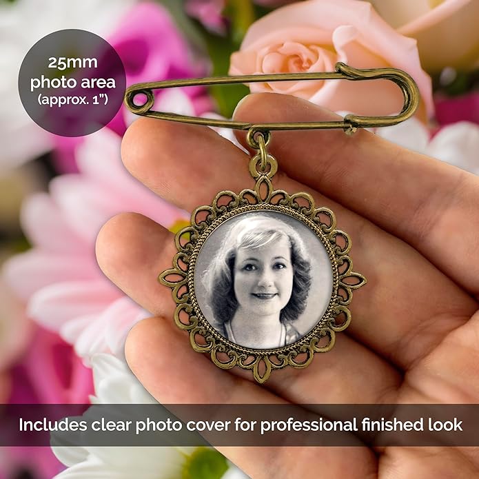 Wedding Boutonniere Bronze Gold Bouquet Photo Memorial Charm Pin Round Mother of the Bride Gift for Groom or Bride with Photo Resizing Software