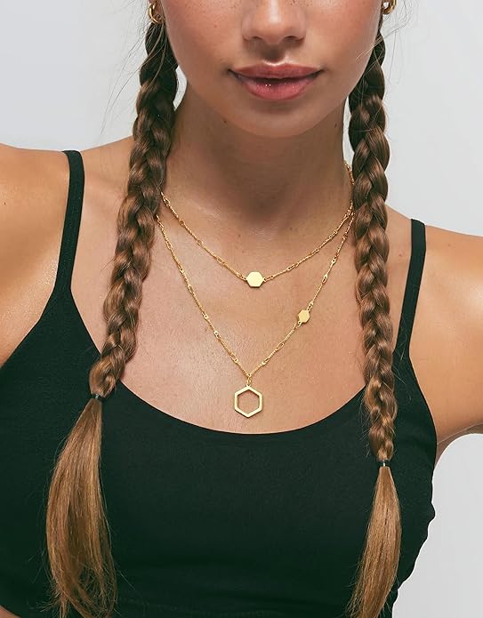 UBGICIG Honeycomb Layered Pendant Necklaces for Women Stackable, Dainty Y-Shaped Lariat Paperclip Pearl Heart Necklace, 16K Gold Silver Plated Long Necklaces Women's Trendy Drop Chain Necklace Jewelry
