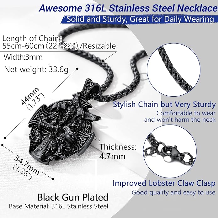 PROSTEEL Norse Viking Jewelry for Men Women, Vintage Thor Hammer/Thor Axe/Raven/Odin Necklace, 316L Stainless Steel Pendant Chain, Come with Box