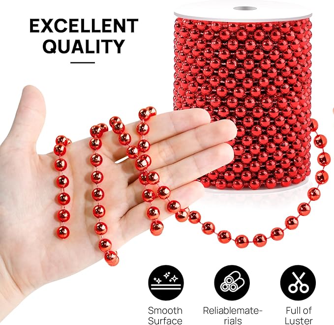 49 Feet Christmas Tree Beads Garland, 8mm Artificial Red Beaded Garland for Christmas Tree DIY, Faux Pearl Strings Bead Roll for Wreath, Wedding Party, Decoration