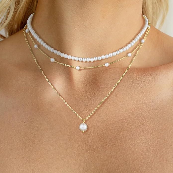 DIBOLA Gold Jewelry Set for Women, Dainty Layered 14K Gold/Silver Pearl Choker Necklaces and Earring Set Pearl Earrings Bracelets Wedding Bride Jewelry
