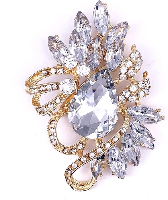 SELOVO Leaf Rhinestone Statement Brooch Pin Dress Jewelry Accessory