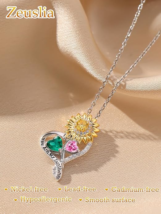 Zeuslia Double Birthstone Necklace Gifts for Wife - 925 Sterling Silver Sunflower/Rose/Crown Cross/Compass/Heart Pendant I Love You Necklace, Anniversary Birthday Gifts for Wife Girlfriend Mom Her