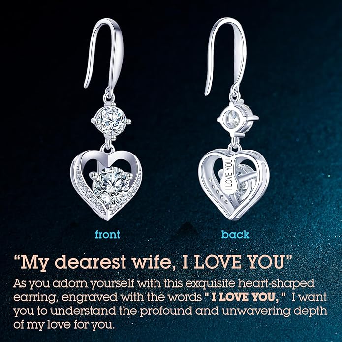 Heart Engraved Moissanite Earrings - 'I LOVE YOU' Gift for Wife or Girlfriend, Anniversary or Birthday Present