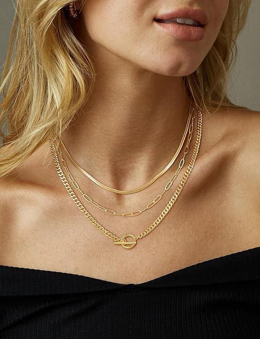 CHESKY 14K Gold Plated Layered Herringbone Necklaces for Women, Trendy Paperclip Snake Chain Necklace Cuban Link Simple Chunky Toggle Clasp Necklace Set Fashion Jewelry