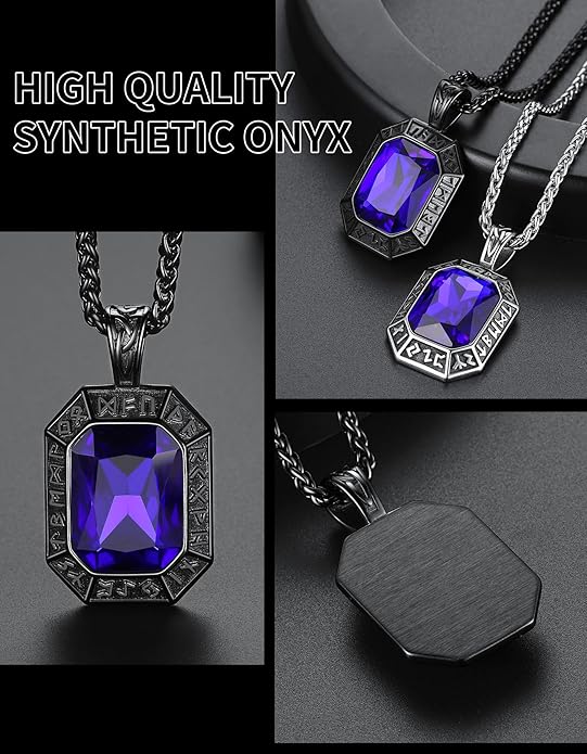 ChainsHouse Viking Rune Pendant Necklace for Men Women, Punk Biker Black Metal/316L Stainless Steel Onyx Norse Vintage Amulet Necklaces with Black/Red/Green/Blue Gemstone, Send Gift Box