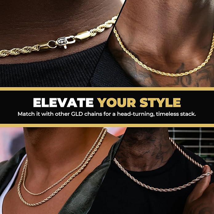 GLD Rope Chain - Gold-Plated Rope Chain with Exclusive Storage Travel Pouch - Snatch-Proof Clasp, Sweat-Proof and Fade-Resistant - Lifetime Quality, Designed in Miami