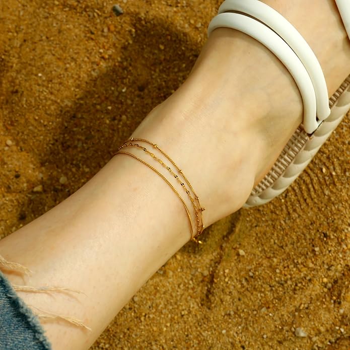 Gold Plated Ankle Bracelets For Women Waterproof,18k Gold Plated Anklets Layered Thin Snake Chain Herringbone Anklets Non Tarnish Stainless Steel Dainty Summer Jewelry Set Gift For Women