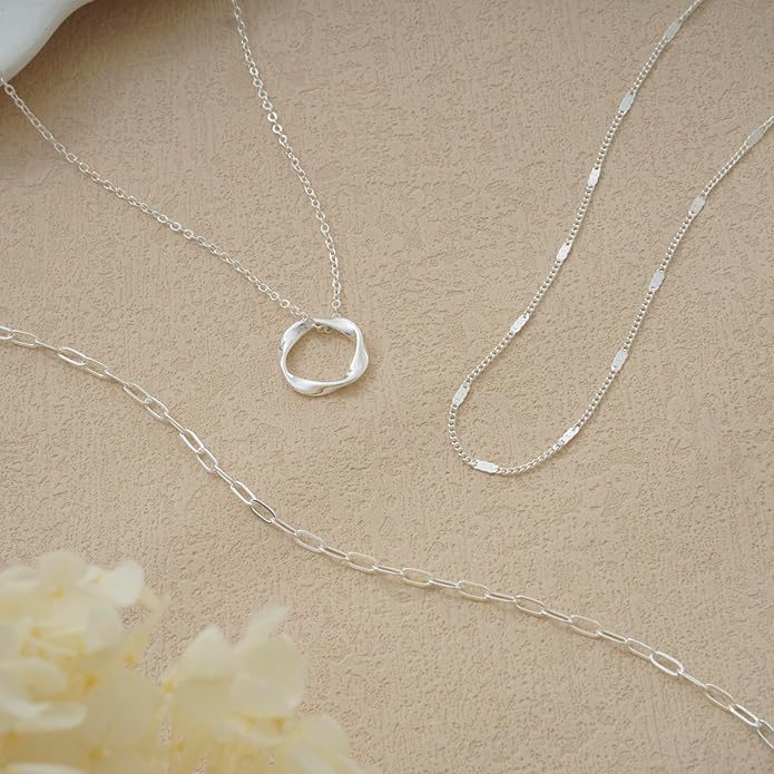 Layered Silver Necklace for Women Trendy Silver Plated Dainty Stackable Necklace Set Cuban Paperclip Herringbone Link Chain Coin/Cross/diamond/Mobius Pendant Necklaces Fashion Accessories Jewelry Gift
