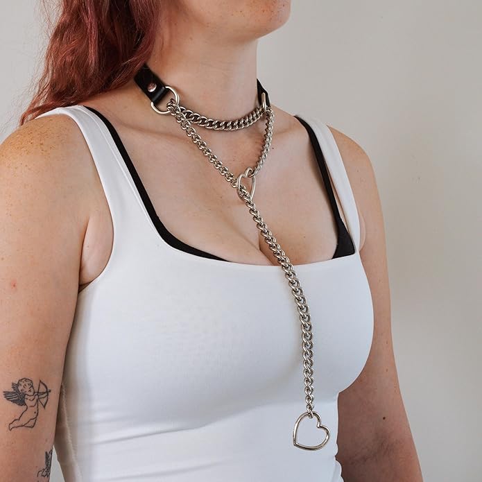 Handmade Black Heart Choker Collar For Women, Punk Gothic O-ring Slip Chain Necklace with Adjustable Vegan Leather Buckle