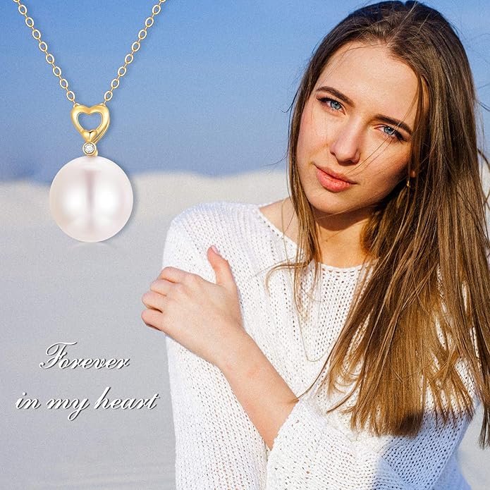 14K Solid Gold Pearl Necklace, Dainty AAA Quality Pearl Heart Pendant Valentine's Day Love Jewelry Present for Women, Wife, Mother, 16"-18"