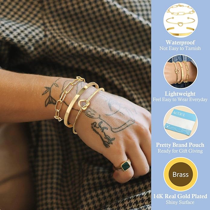 AOZEL Gold Plated Bracelets for Women Stack,Bangle Cuff Bracelet Set Non Tarnish Jewelry for Women Trendy