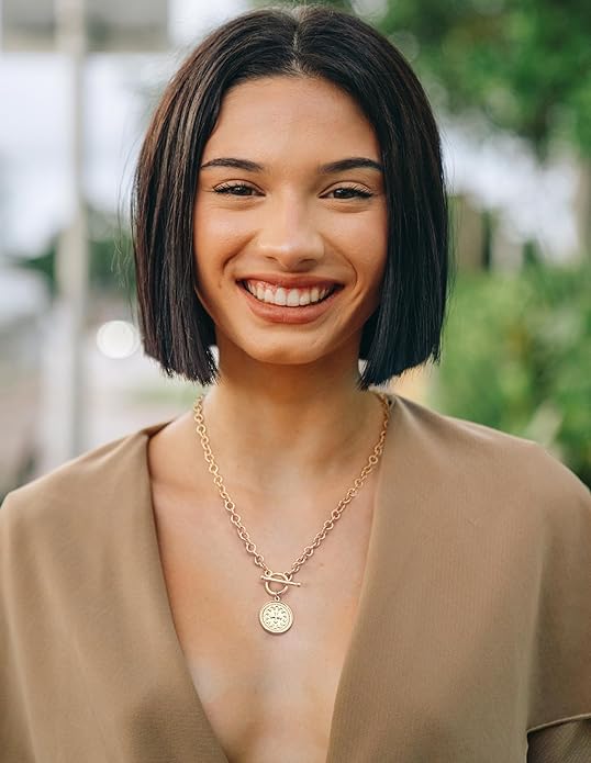 CANEVINKA Dainty Cross Medallion/Heart Pendant Chain Necklace 18K Gold Plated Oval Choker Fashion OT Toggle Jewelry Handmade for Women Simple Gold Charm Necklace