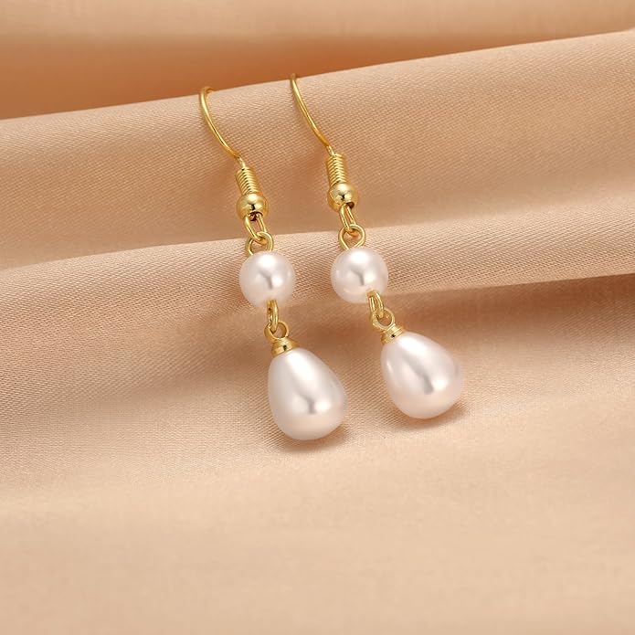 14K Gold Plated Pearl Dangle Earrings for Women, Small Pearl Drop Huggie Hoop Earrings, Hypoallergenic Dainty Gold Wedding Earrings Jewelry Gifts for Women Trendy