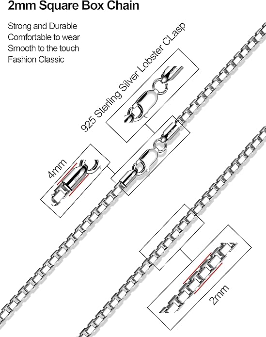 925 Sterling Silver Box Chain 2/3/4/5mm Necklace for Men Silver Link Chain for Women 16/18/20/22/24/26/30 Inches