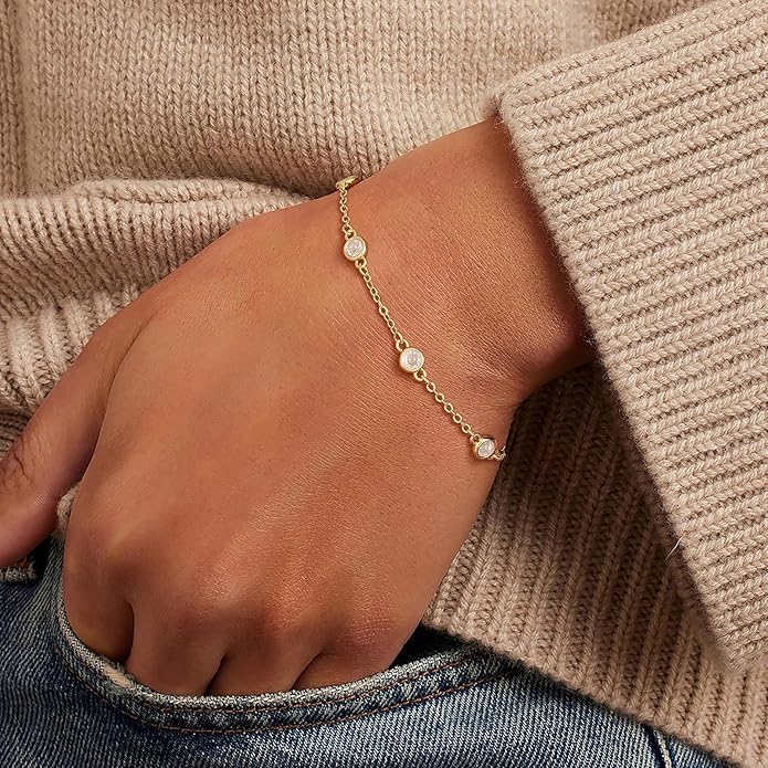 Gold Bracelets for Women,14K Dainty Gold Plated Bracelets Non Tarnish Waterproof Diamond Bracelets Heart Flower Round Square CZ Charm Bracelet Trendy Stuff Jewelry Gifts for Her