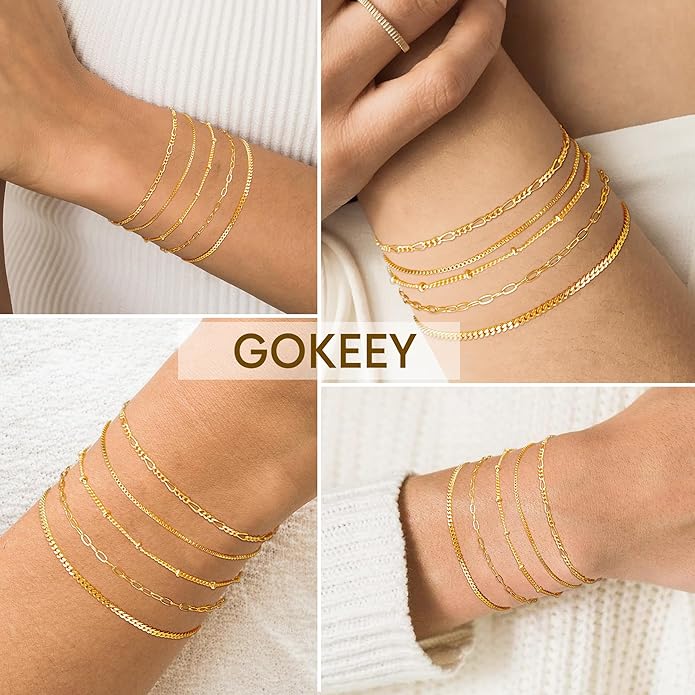 Gold Bracelets for Women Trendy,14K Gold Plated Dainty Stackable Paperclip Cuban Link Chain Bracelets, Simple Cute Cuff Bracelets Jewelry Set Adjustable 7"+2"
