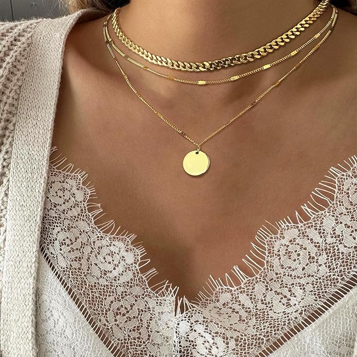Layered Gold Silver Necklaces for Women, Stackable Stack 14K Real Gold Plated Silver Chain Necklace Diamond Circle CZ Layering Pendant Necklaces Trendy Gold Jewelry Set Gifts