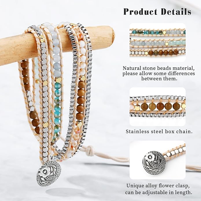 Boho 5 Wrap Bead Bracelet for Men Women - Handmade Adjustable Natural Chakras Stone Crystal Beaded Bracelets Cuff Rope Yoga Healing Bracelet Bangle Hippie Jewelry