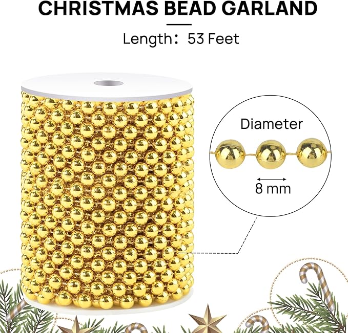 49 Feet Christmas Tree Beads Garland, 8mm Artificial Red Beaded Garland for Christmas Tree DIY, Faux Pearl Strings Bead Roll for Wreath, Wedding Party, Decoration