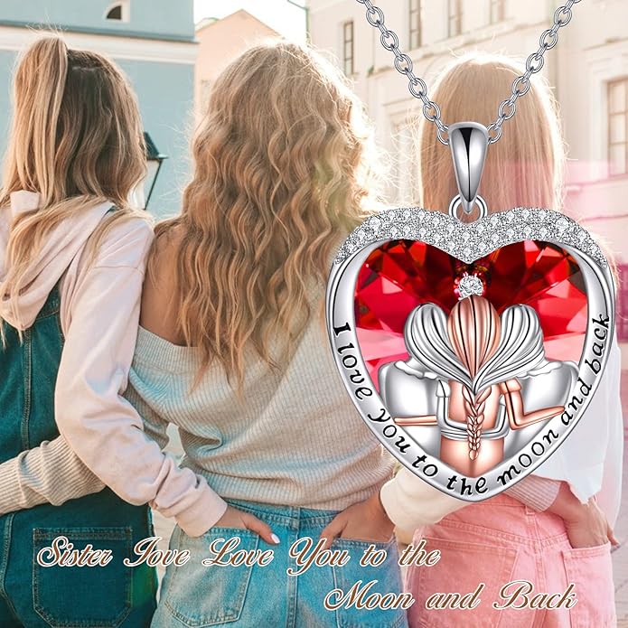 POPKIMI 925 Sterling Silver Sister Necklace - Birthday Gift for Sisters, Mom, Daughter - Always My Sister Forever My Friend Crystal Necklace for 2/3/4/5 Sisters