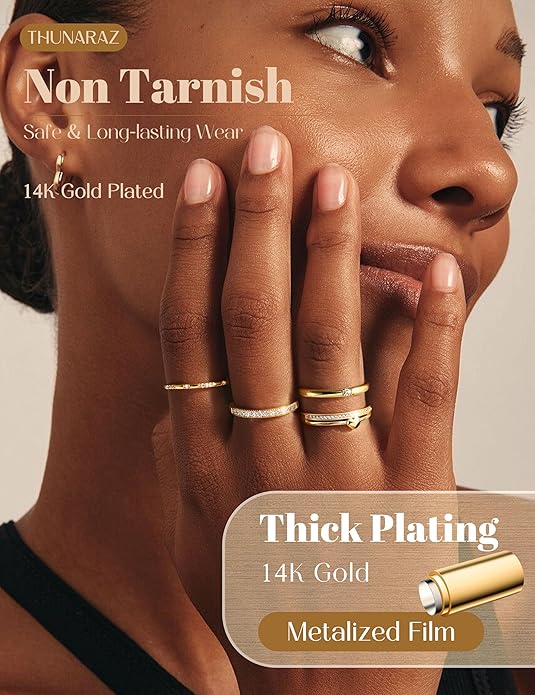 Thunaraz Gold Stackable Rings for Women Non Tarnish Open Adjustable 14K Gold Plated Rings Trendy Stack Cubic Zirconia Thin Thumb Ring Set Minimalist Dainty Statement Band Ring