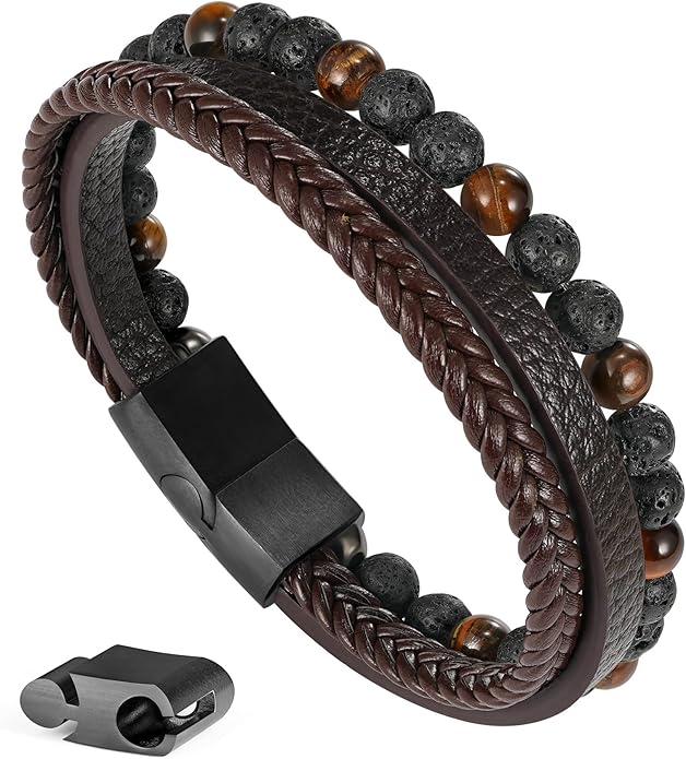 Gifts for Men - Layered Leather Beads Bracelet, Tiger Eye Lava Rock Stone Braided Leather Bracelets for Men Adjustable Magnetic Clasp Birthday Gifts