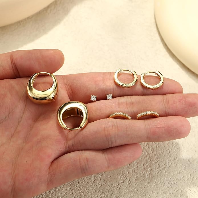 BESTEEL Small Hoop Earrings for Women - Hypoallergenic 14K Gold Plated Surgical Steel Chunky Huggie Earings Stacks Set Dainty Cute Cartilage Flat Back Stud Jewelry Trendy Gift 4 Pairs