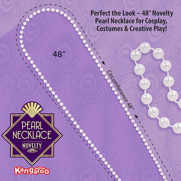 Kangaroo Vintage 48" Flapper Faux Pearl Necklace for Women White, 1 Pack - 1920s Costume Jewelry Accessory for Girls & Accessories for Women - Strand Pearls Long Necklace For Christmas Events Outfit