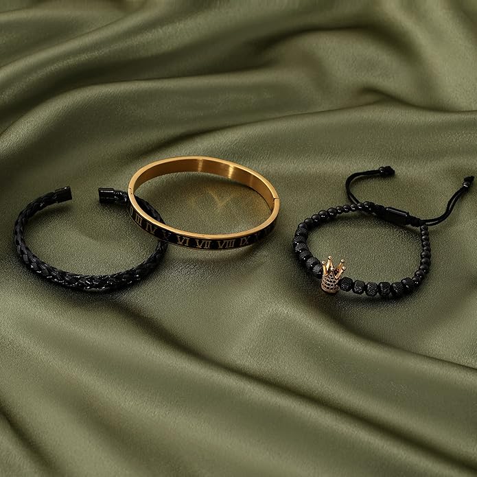 WFYOU 3PCS Stainless Steel Bracelets for Men Gold Roman Numeral Bangle Bracelet Twisted Cable Bracelet Adjustable Cuff Bracelet Mens Luxury Jewelry Bracelets Gifts